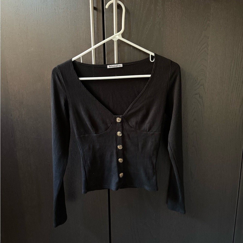 Reformation Virgil Knit Top Size Small Womens Black Long Sleeve V-neck